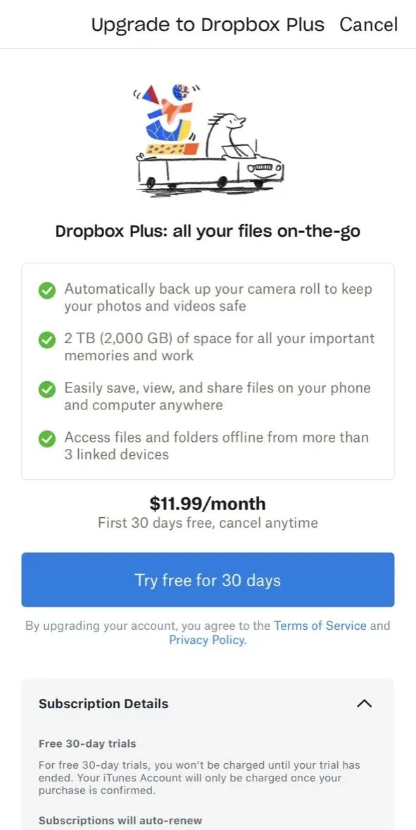 The paywall screen of the Dropbox app