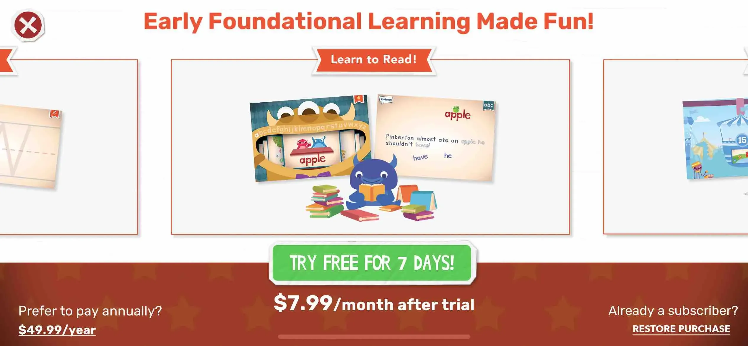 The paywall screen of the Endless Learning Academy app