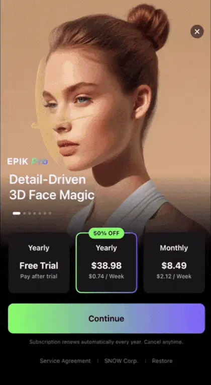 The paywall screen of the EPIK app