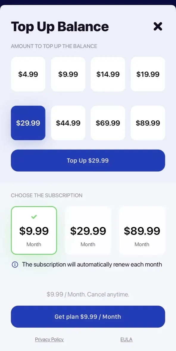 The paywall screen of the true app