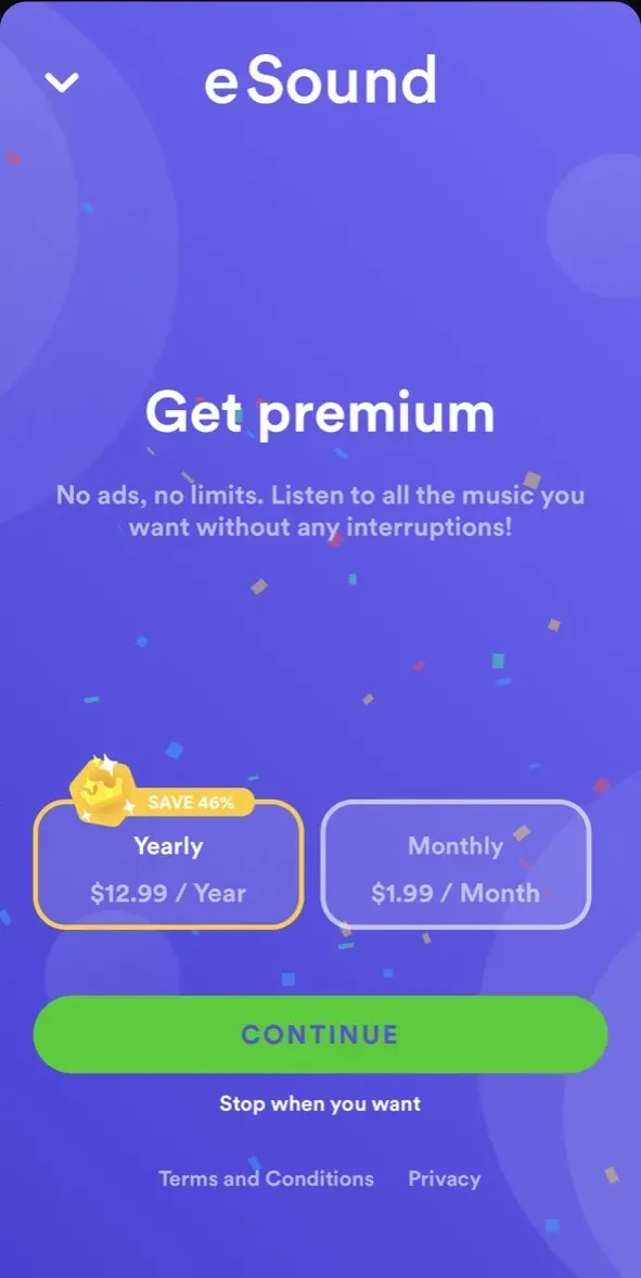 The paywall screen of the eSound app