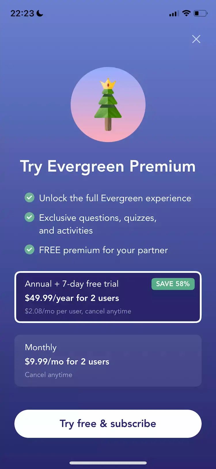 The paywall screen of the Evergreen app