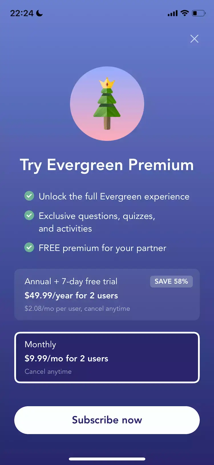 The paywall screen of the Evergreen app