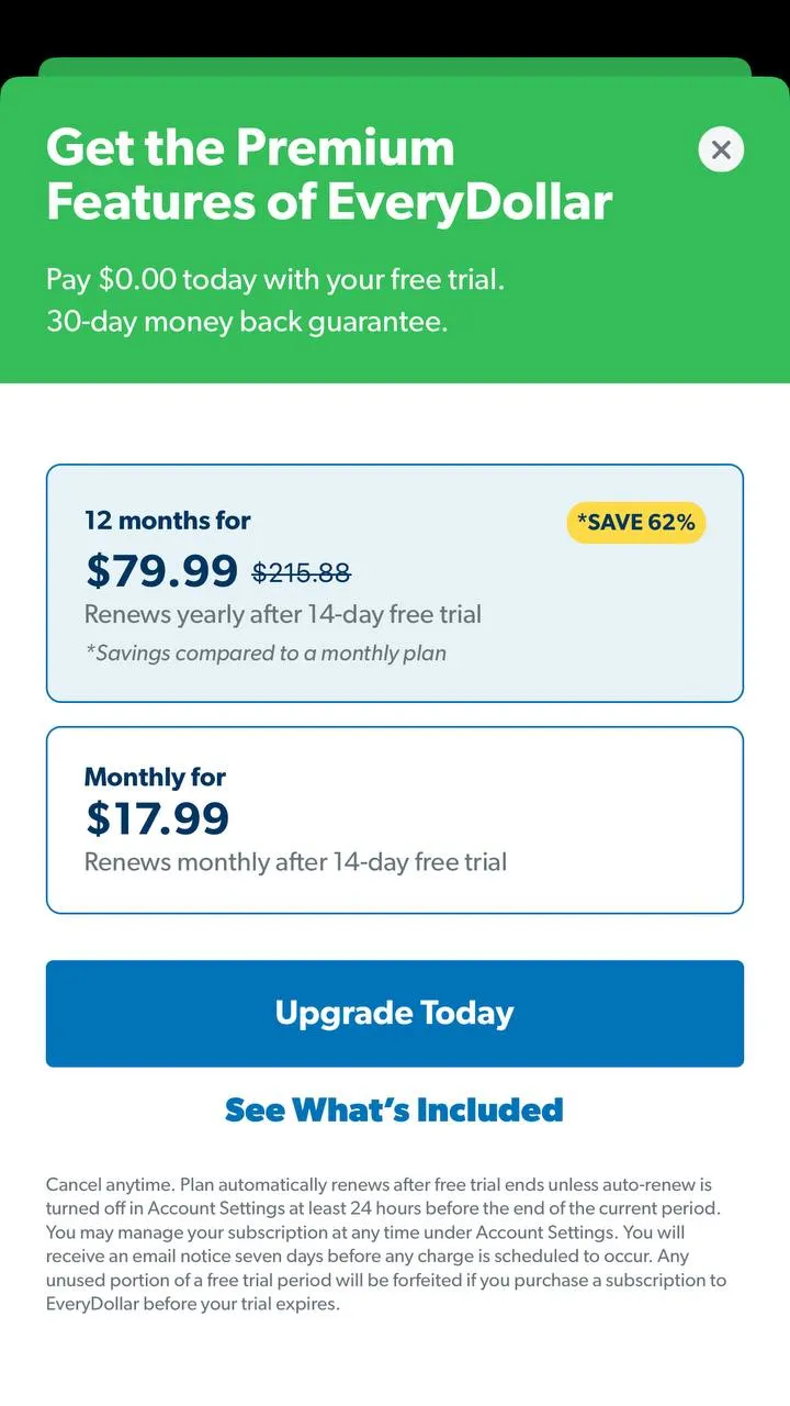 The paywall screen of the EveryDollar app