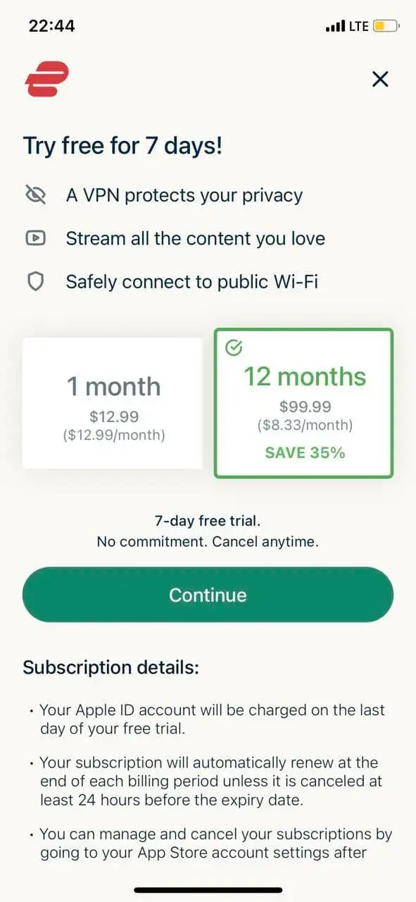 The paywall screen of the ExpressVPN app