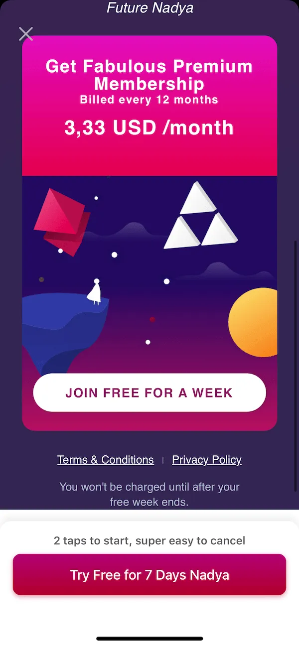 The paywall screen of the Fabulous app