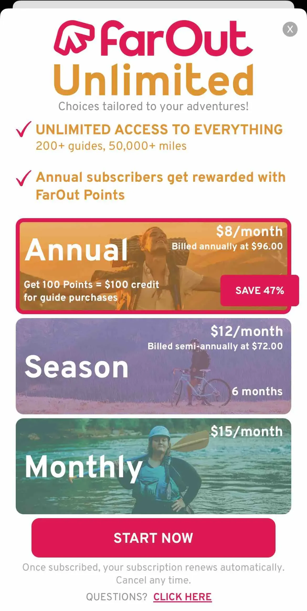 The paywall screen of the FarOut Guides app