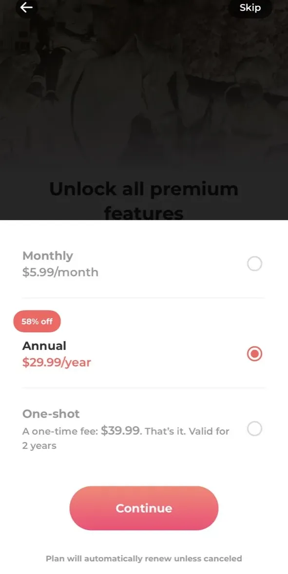 The paywall screen of the true app