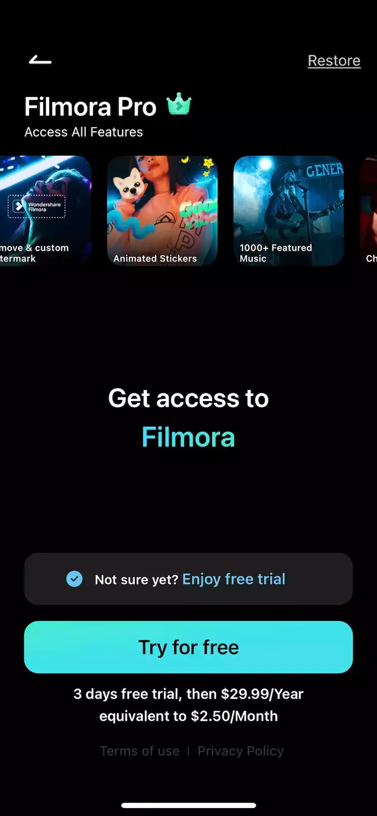 The paywall screen of the Filmora app