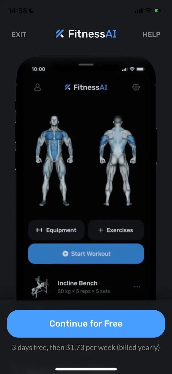 The paywall screen of the Fitness AI Gym app