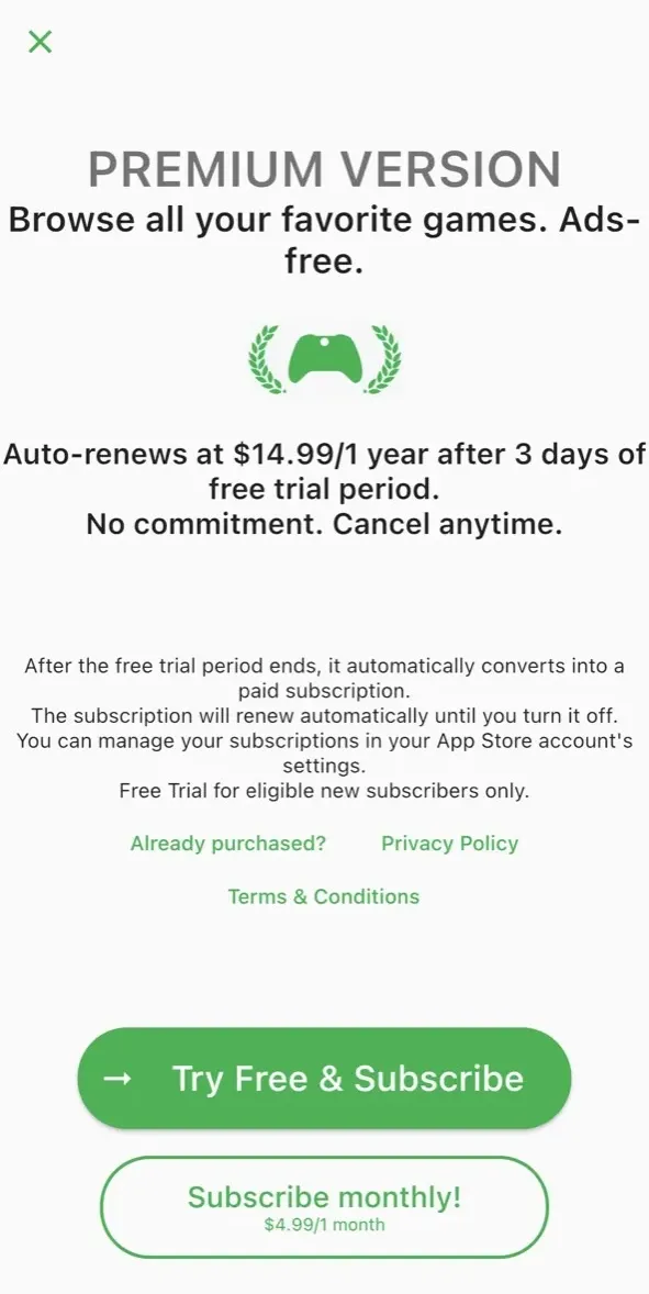 The paywall screen of the Game Pass list app