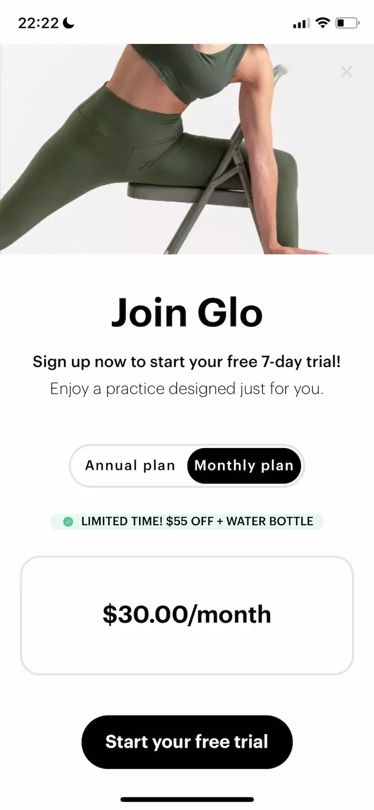 The paywall screen of the Glo app