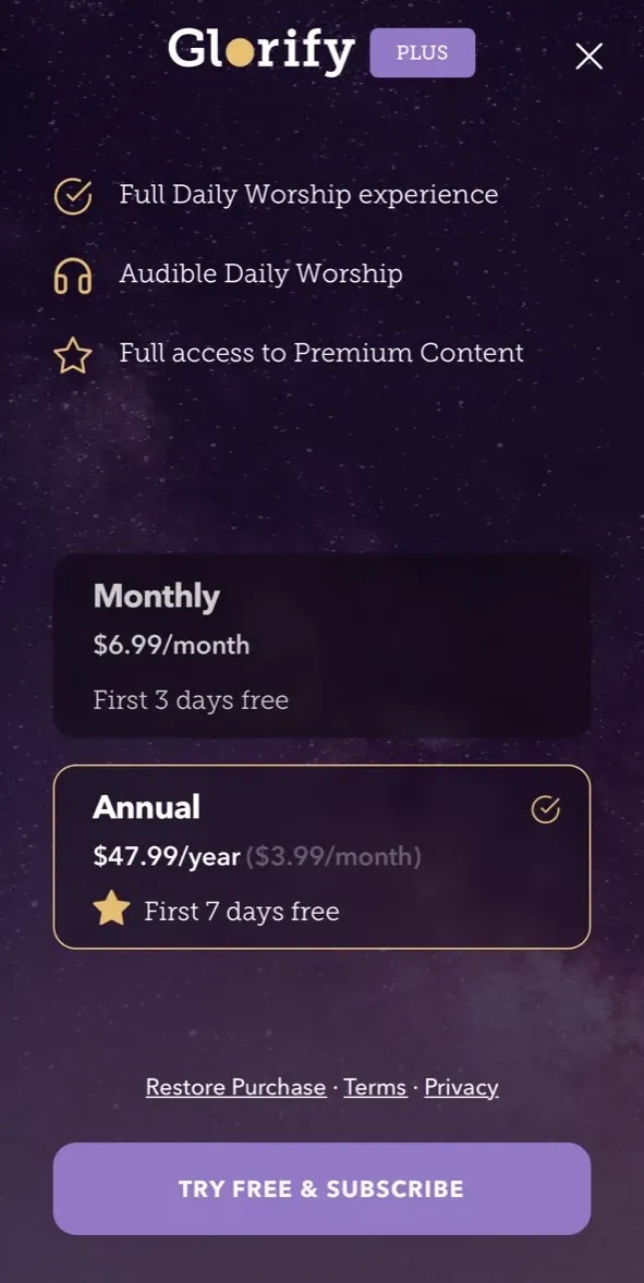 The paywall screen of the Glorify app