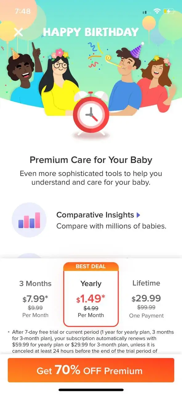 The paywall screen of the Glow Baby Tracker app