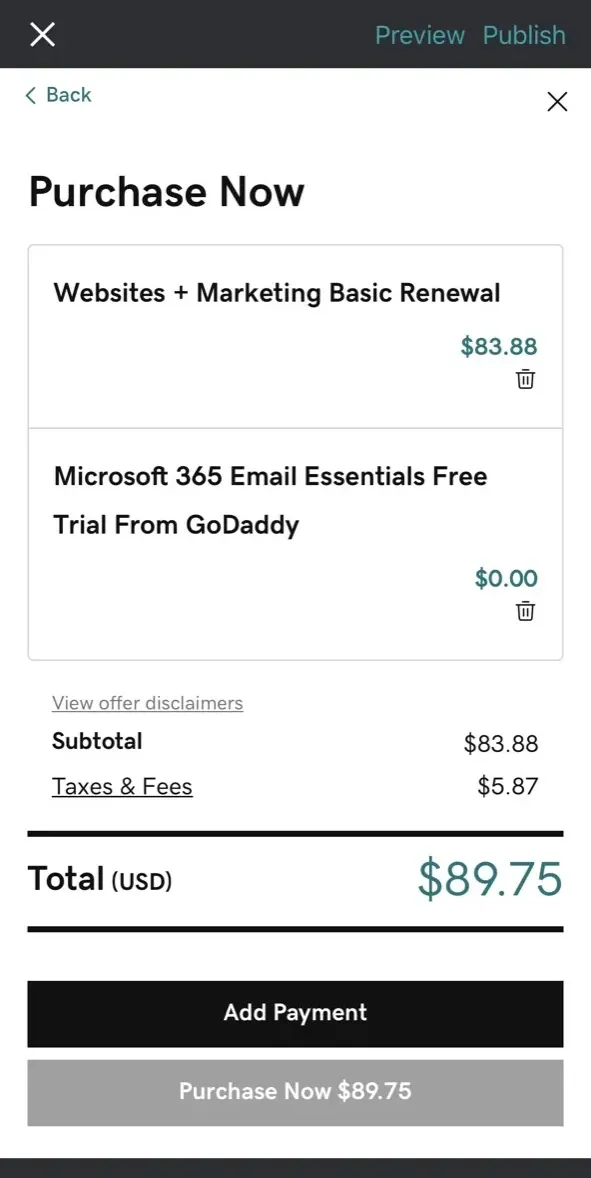 The paywall screen of the GoDaddy app