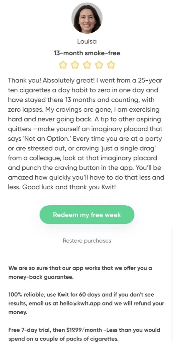 The paywall screen of the Quit smoking for good app