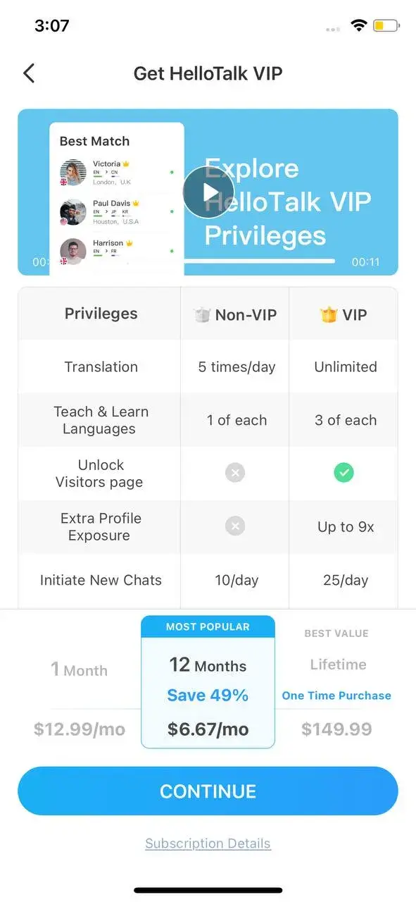 The paywall screen of the HelloTalk app