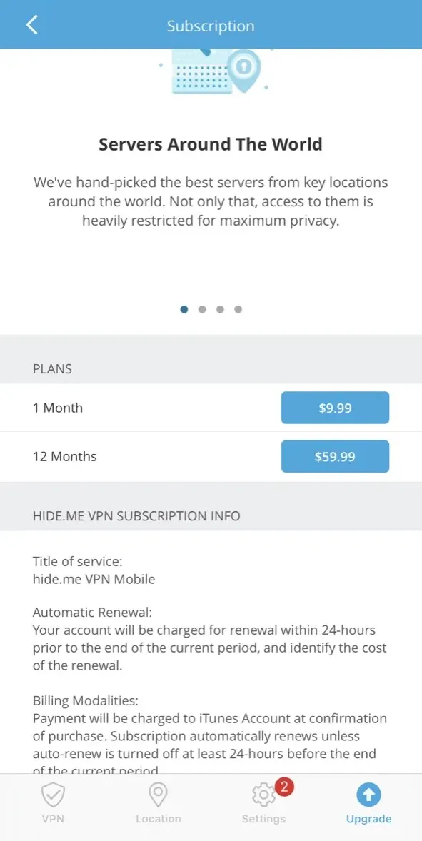 The paywall screen of the hide.me VPN app