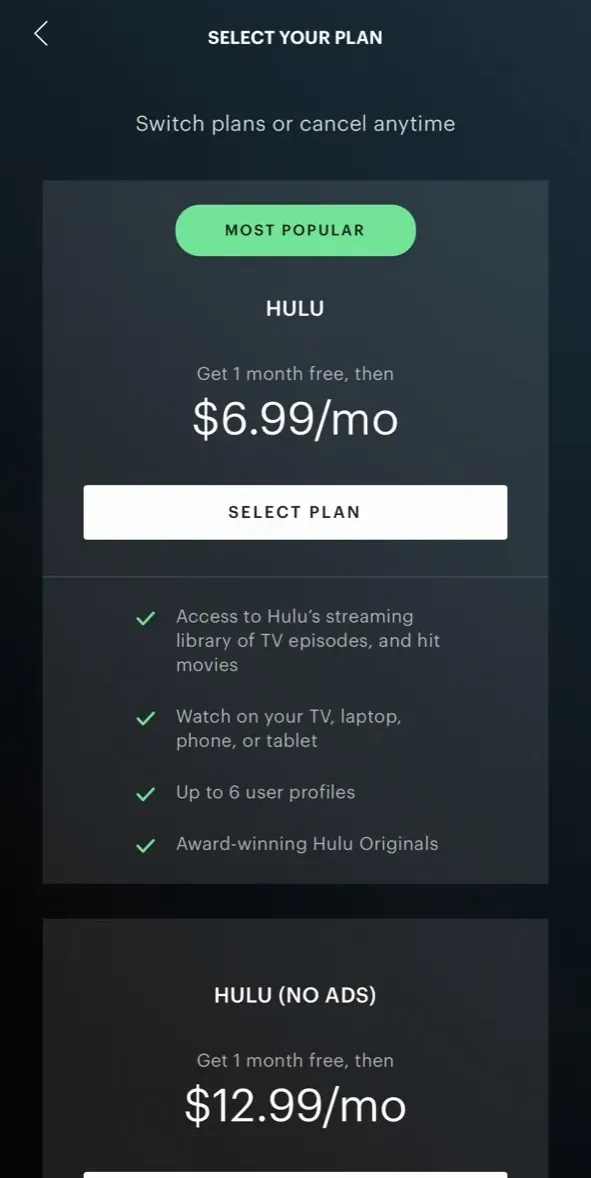 The paywall screen of the Hulu app