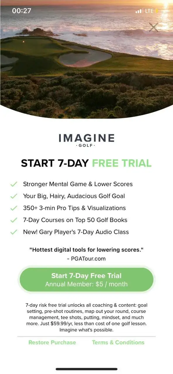 The paywall screen of the Imagine Golf app