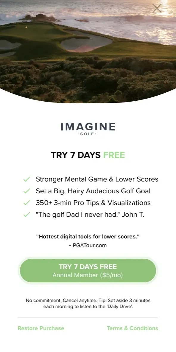 The paywall screen of the Imagine Golf app