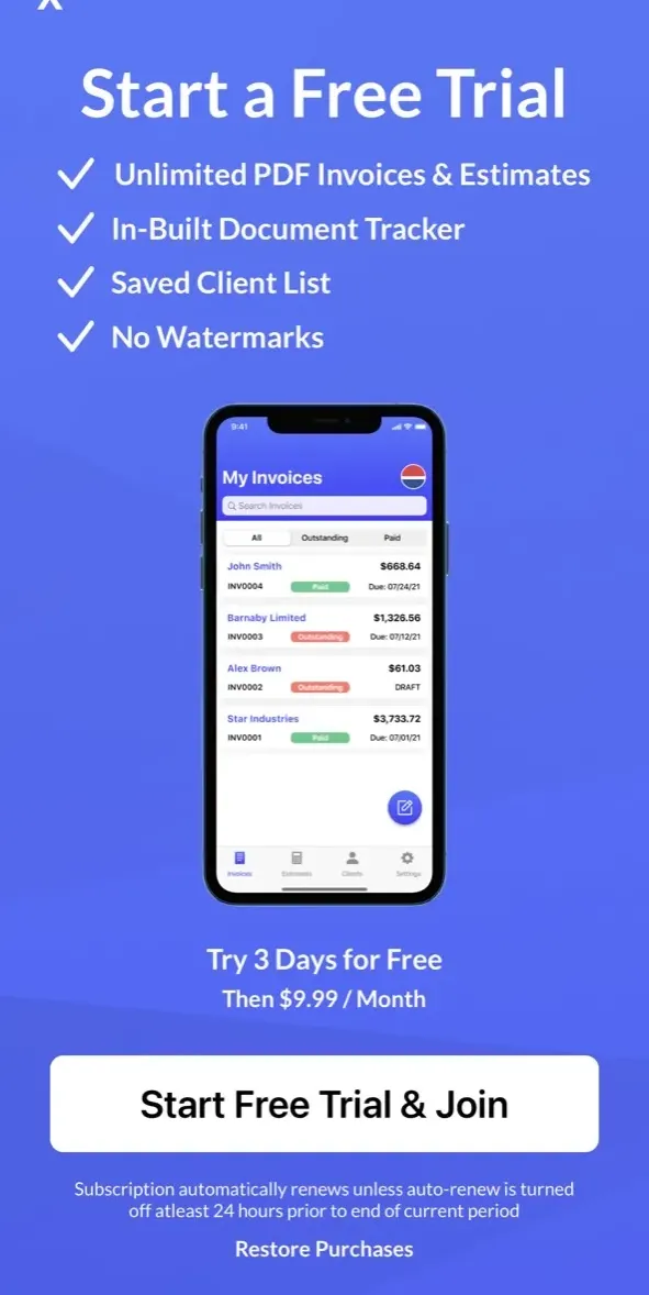 The paywall screen of the Invoice Maker app