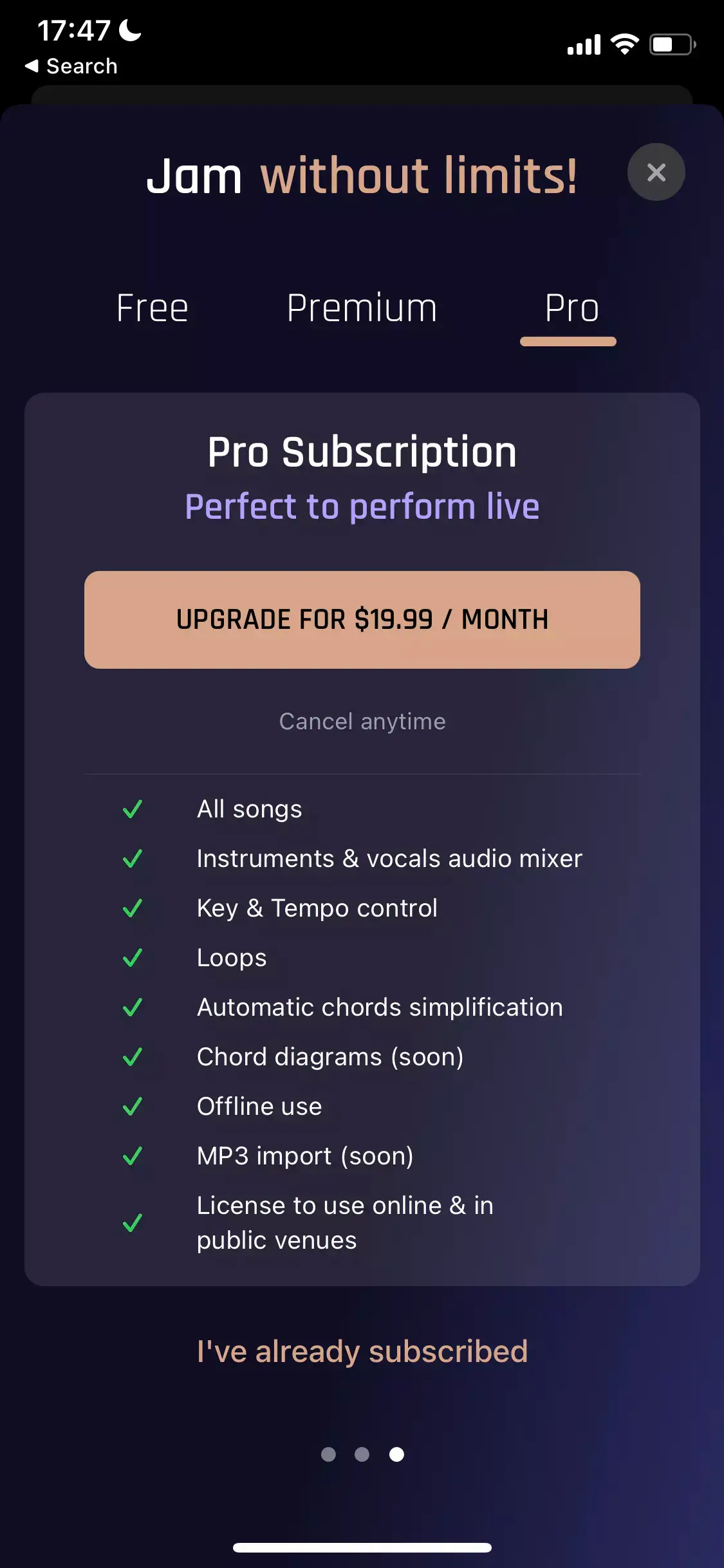 The paywall screen of the Jamzone app