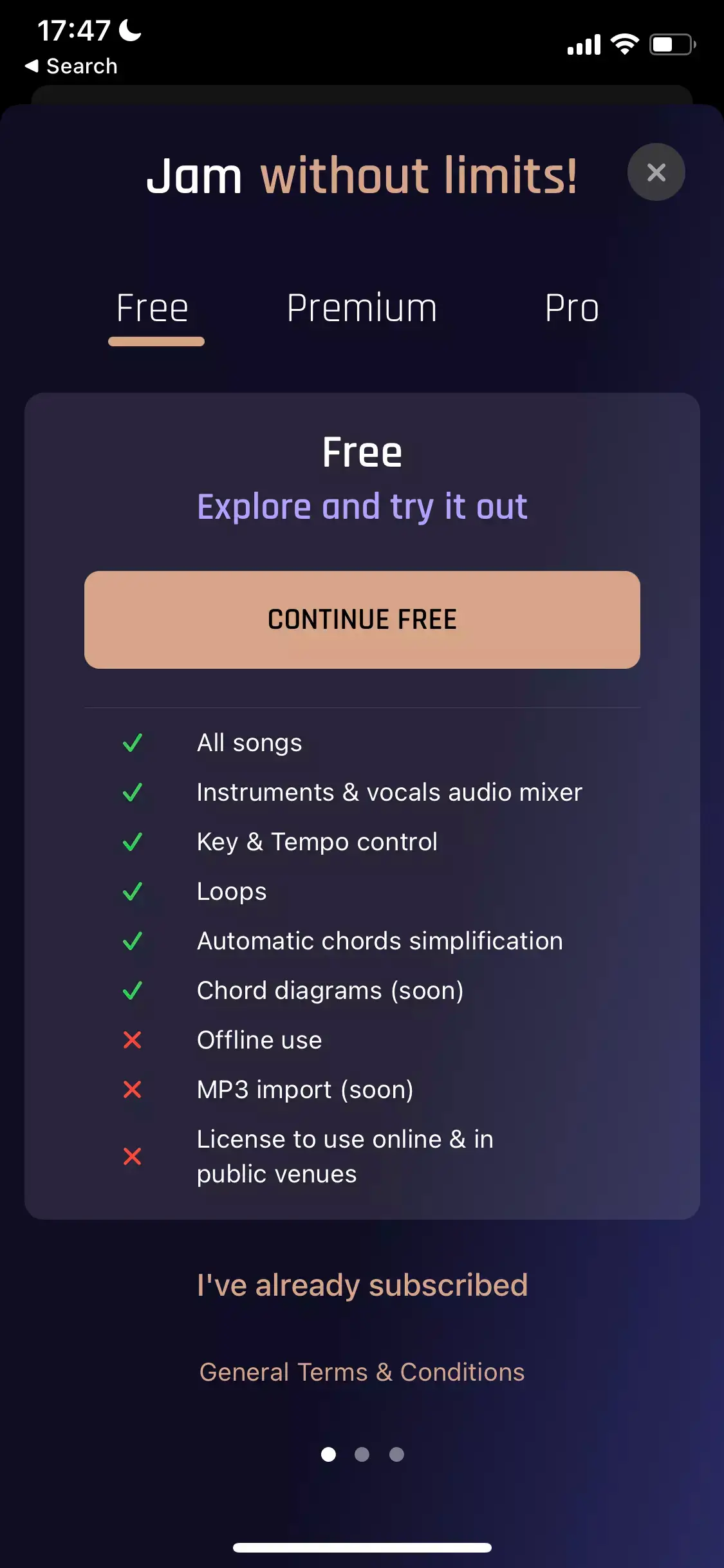 The paywall screen of the Jamzone app