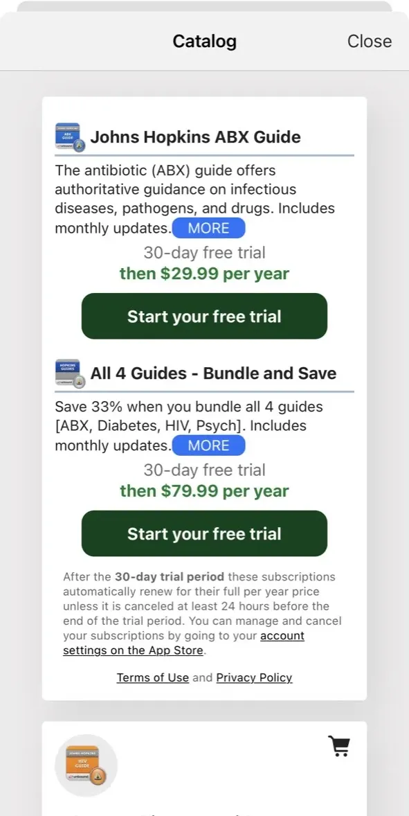 The paywall screen of the Johns Hopkins Antibiotic app