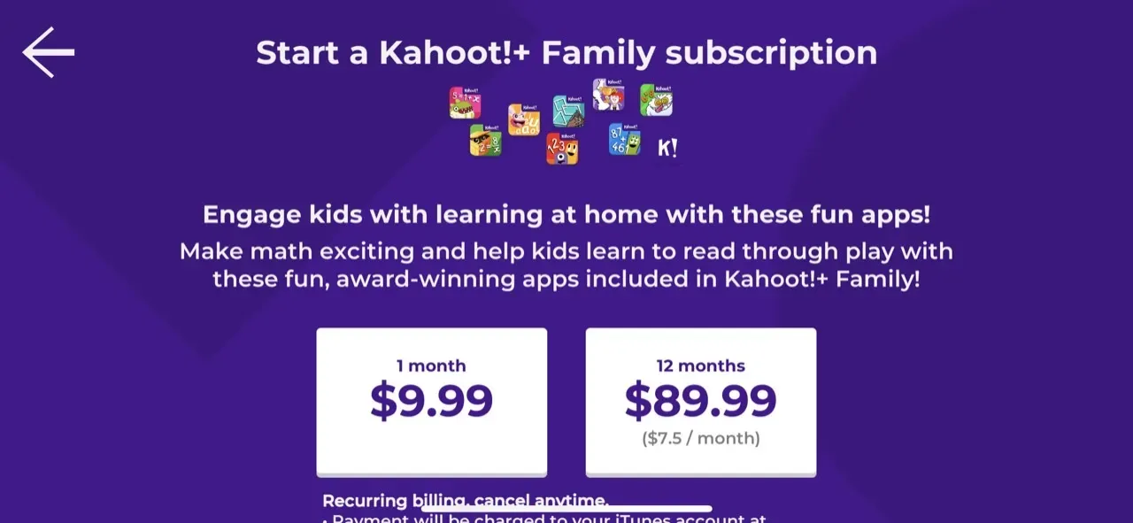 The paywall screen of the Kahoot! Numbers app