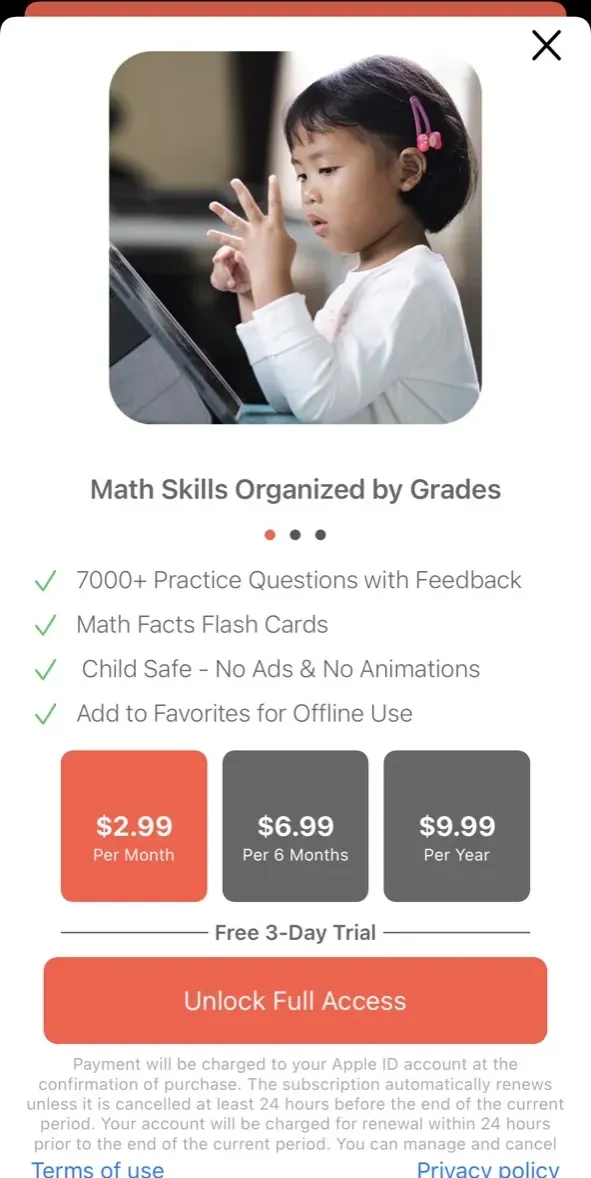 The paywall screen of the Kids Learn Math-Training app