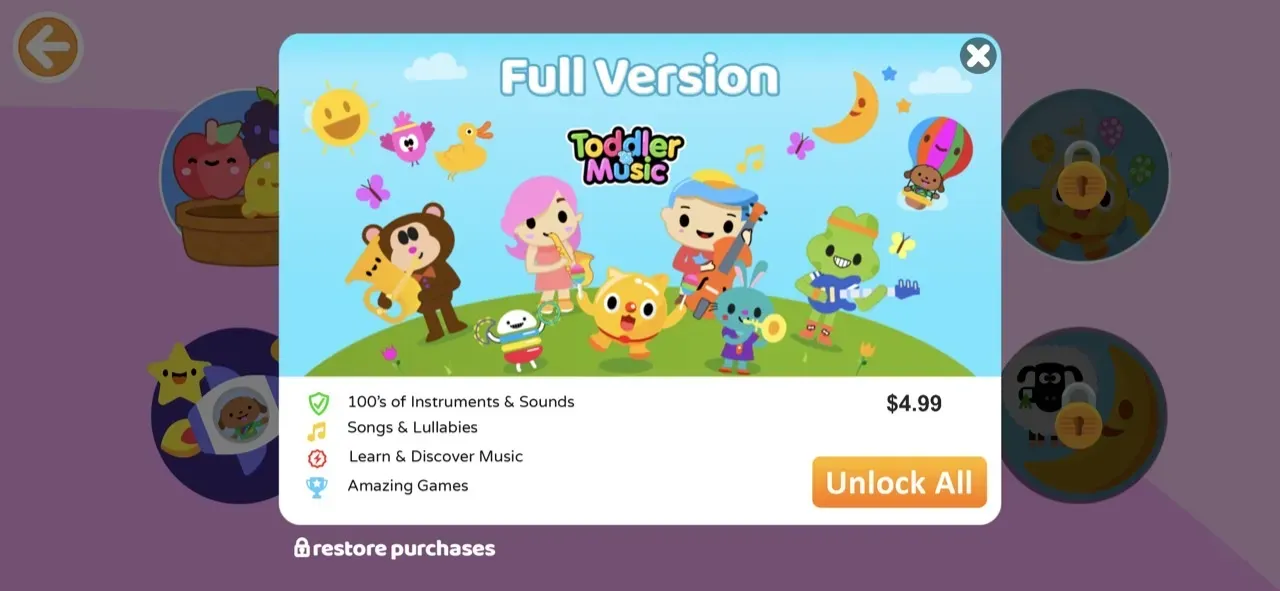 The paywall screen of the Kids Piano Fun app