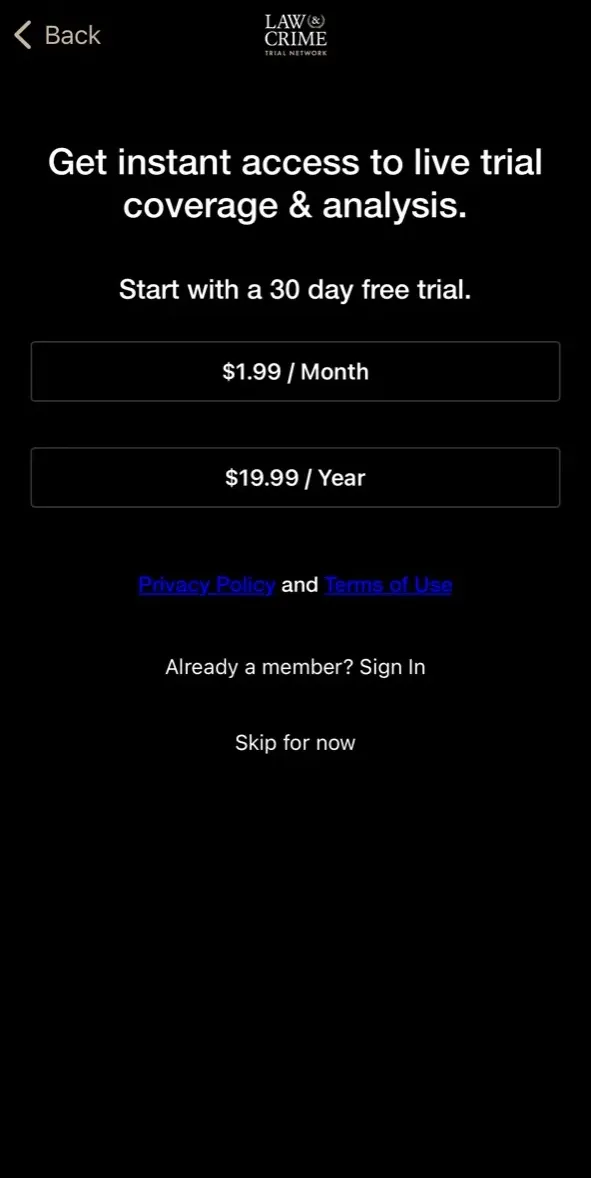 The paywall screen of the true app