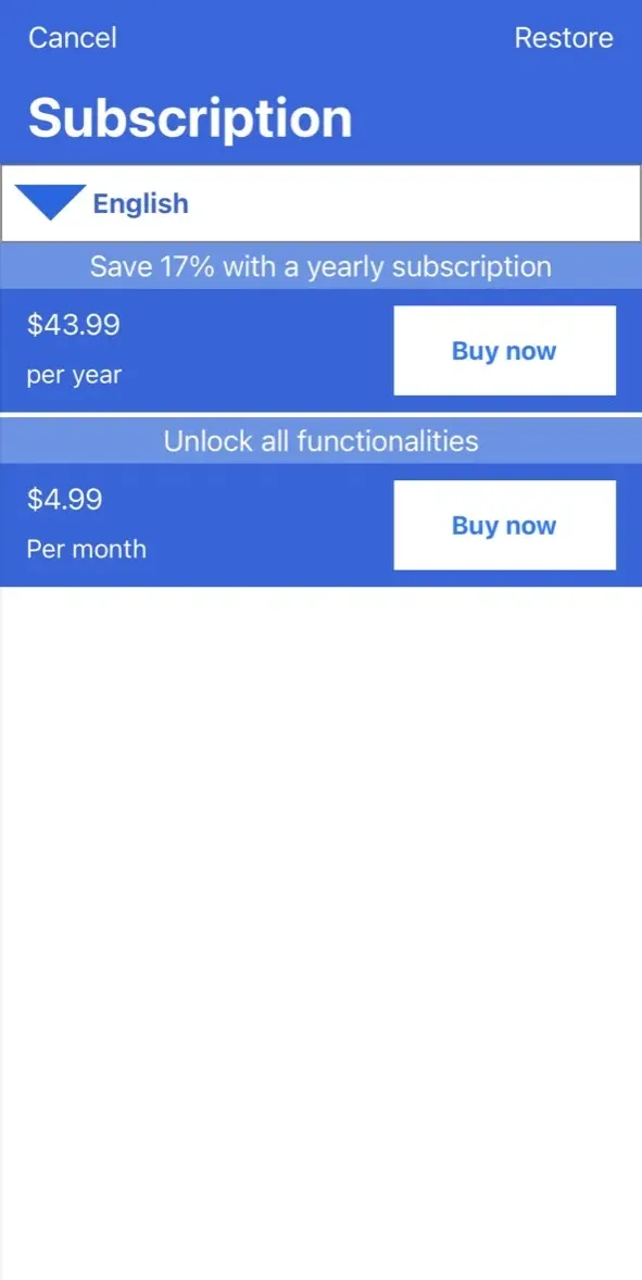 The paywall screen of the true app