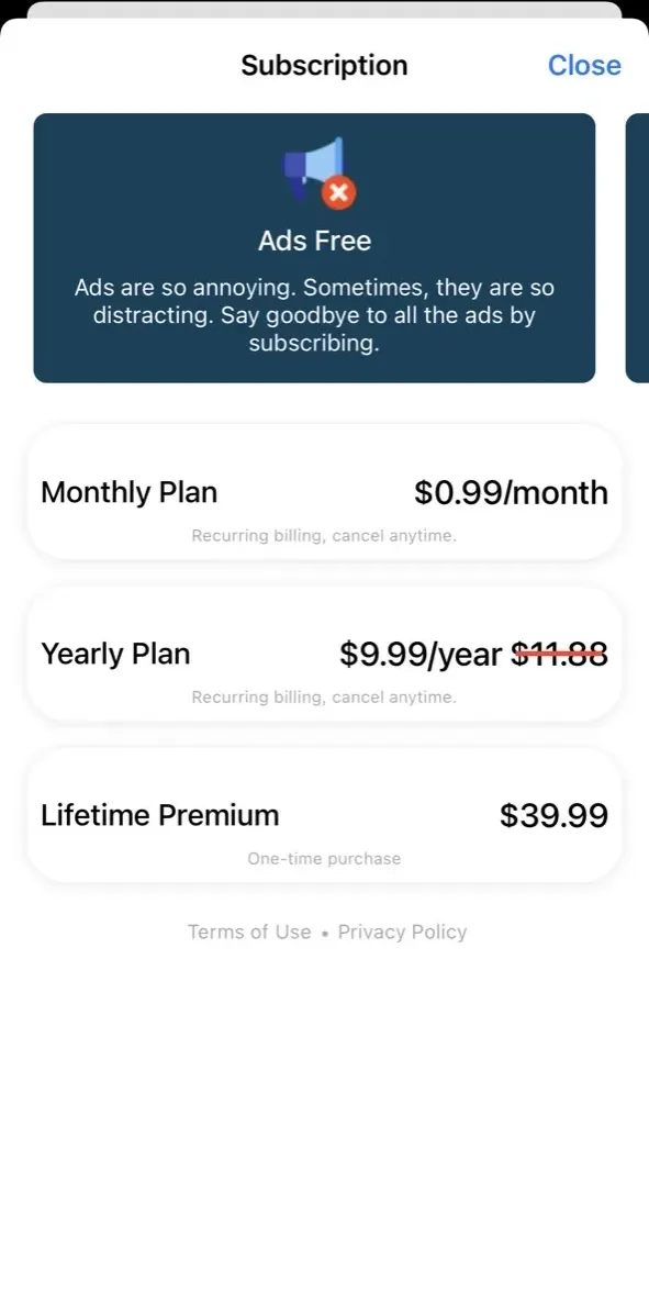 The paywall screen of the true app