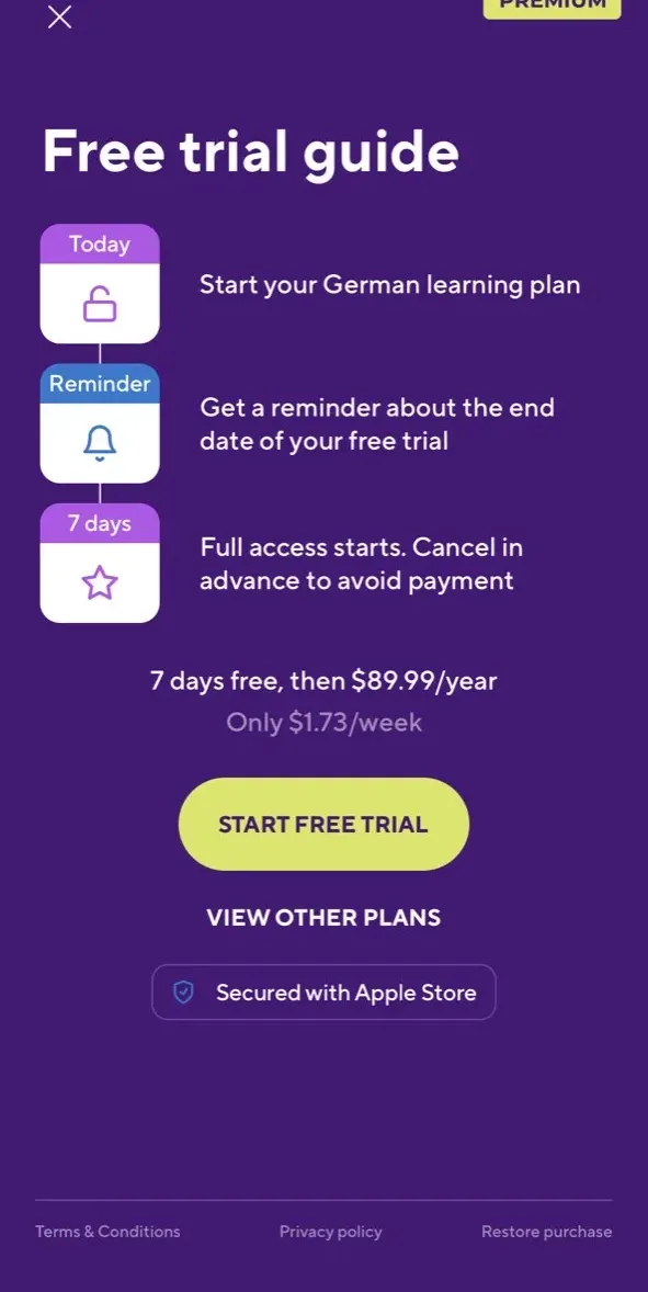 The paywall screen of the true app