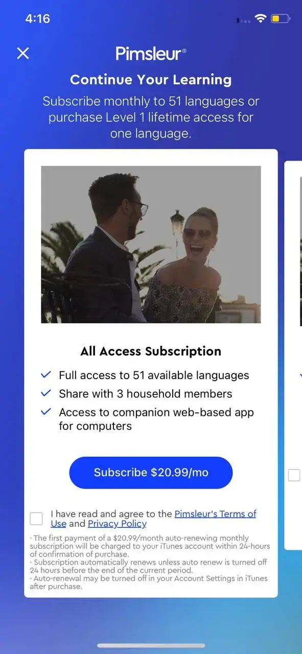 The paywall screen of the Pimsleur app