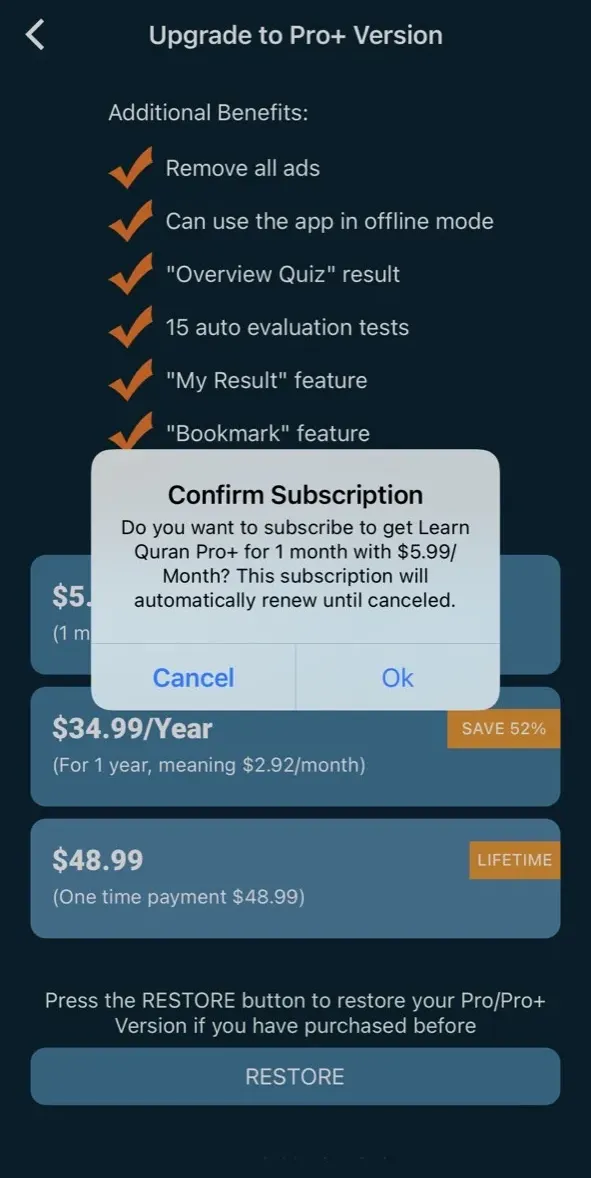 The paywall screen of the true app