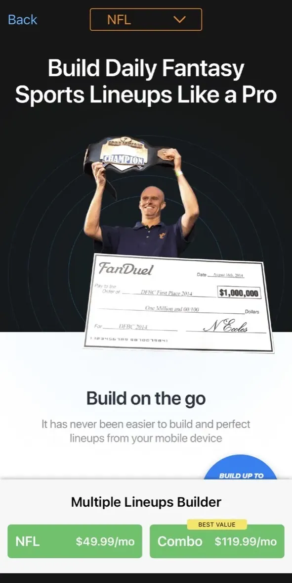 The paywall screen of the LineupHQ FanDuel DFS app