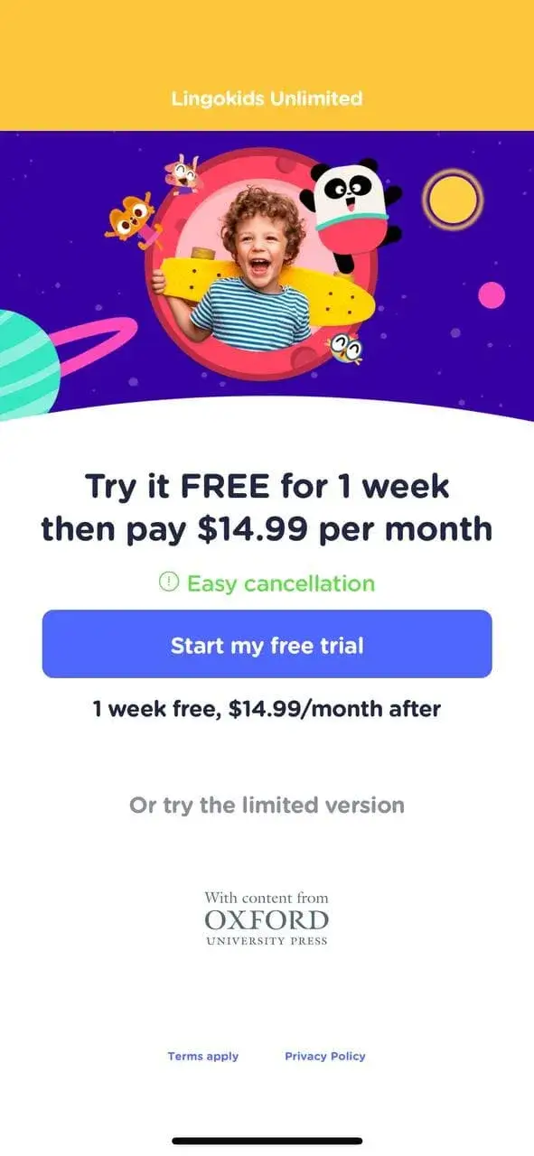 The paywall screen of the Lingokids app