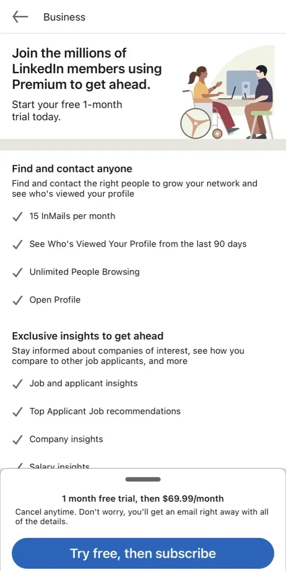 The paywall screen of the LinkedIn app