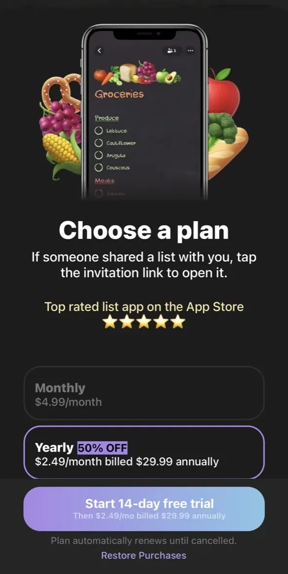 The paywall screen of the true app