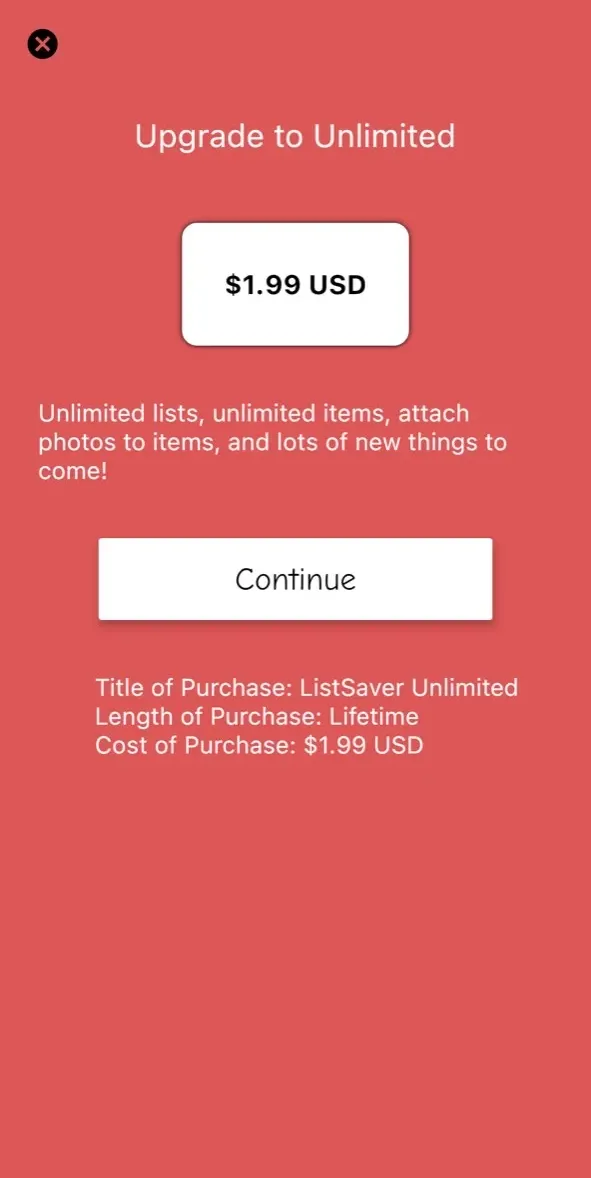 The paywall screen of the ListSaver app