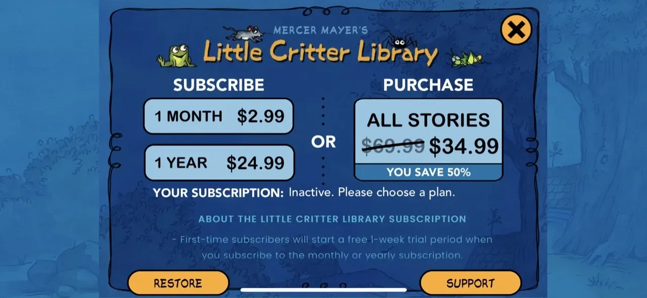 The paywall screen of the Little Critter Library app