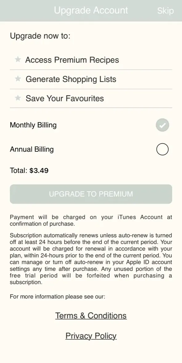 The paywall screen of the true app