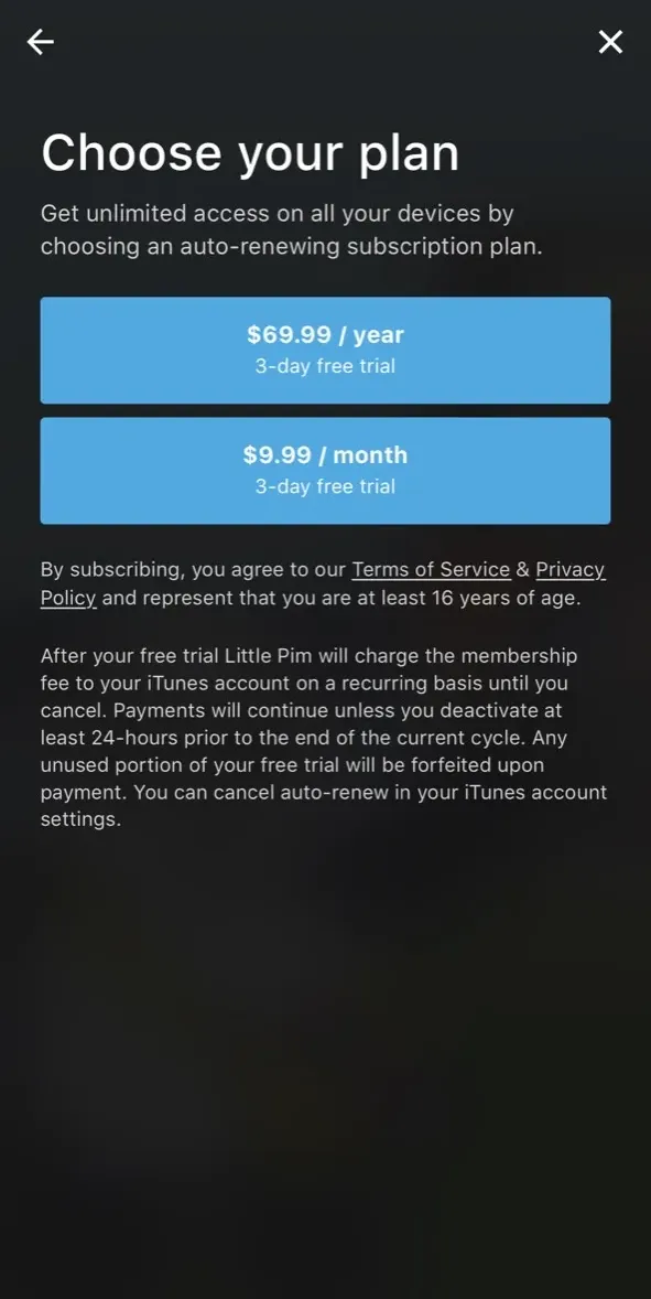 The paywall screen of the Little Pim Video app