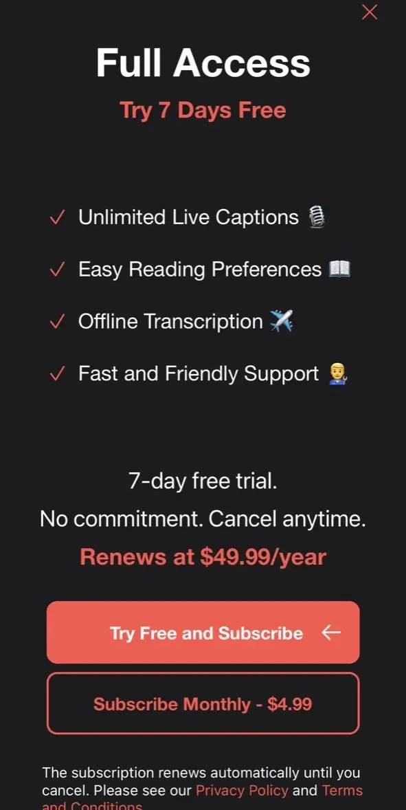 The paywall screen of the Live Transcribe app