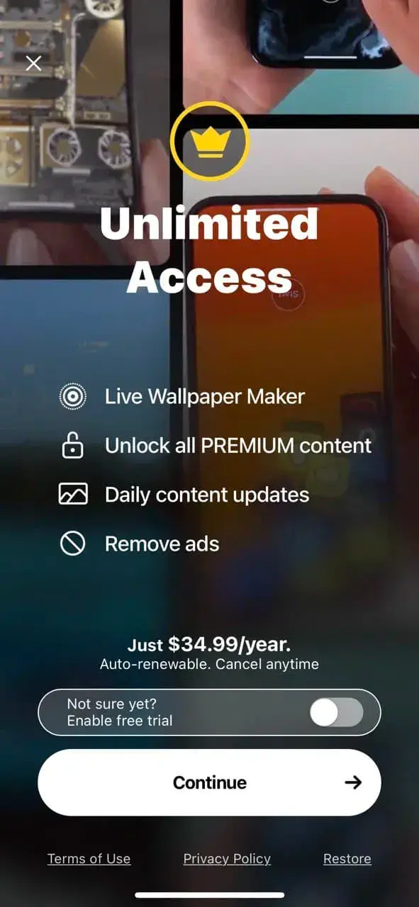 The paywall screen of the true app