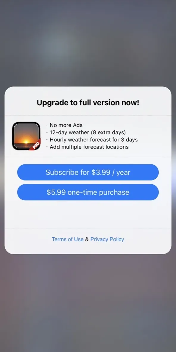 The paywall screen of the Living Weather HD app