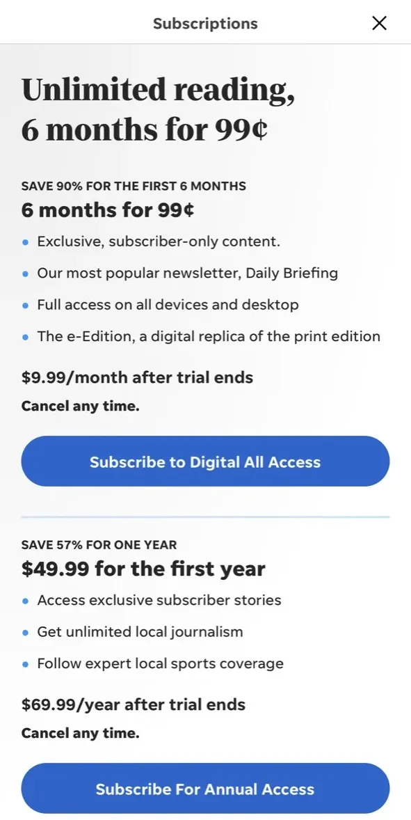 The paywall screen of the true app